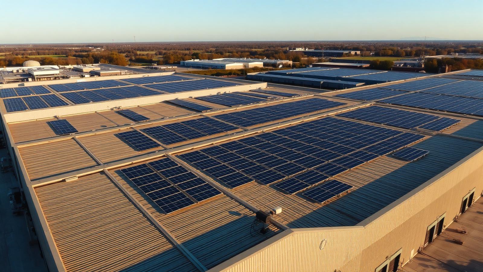 Industrial rooftop covered in solar photovoltaic panels in France